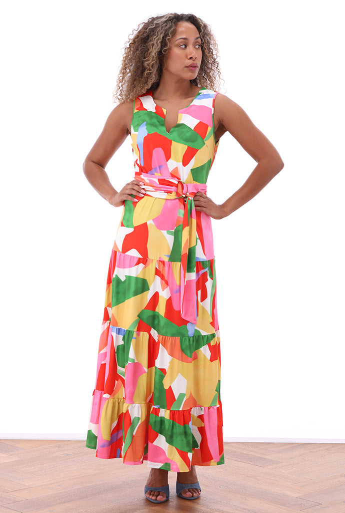 K-design - Mouwloze maxi dress met print, volants en stoffen riem (A116P926) - What Els!
