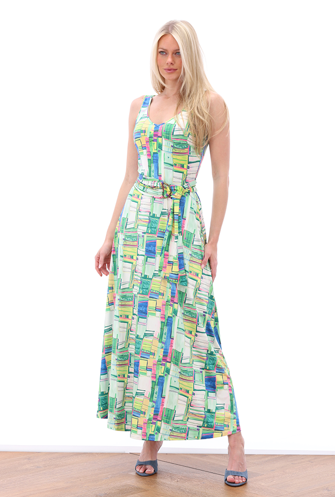 K-design - Mouwloze maxi dress met print, V-hals en stoffen riem (A214P981) - What Els!