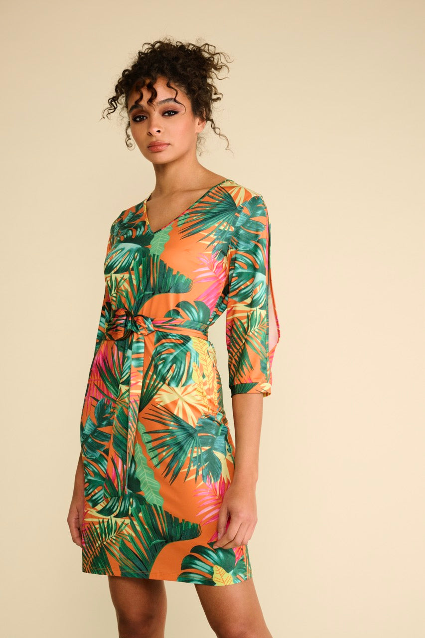 K-design - Mini dress met print, open mouwen en stoffen riem (A218P984) - What Els!