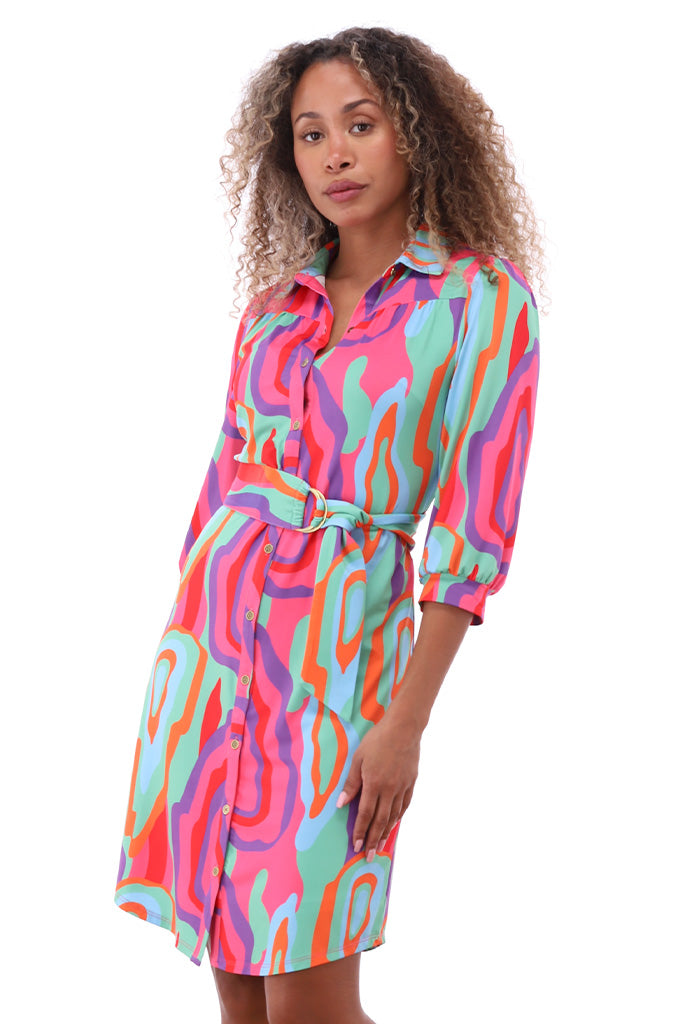 K-design - Jurk met print, knopen en stoffen riem (A303P937)