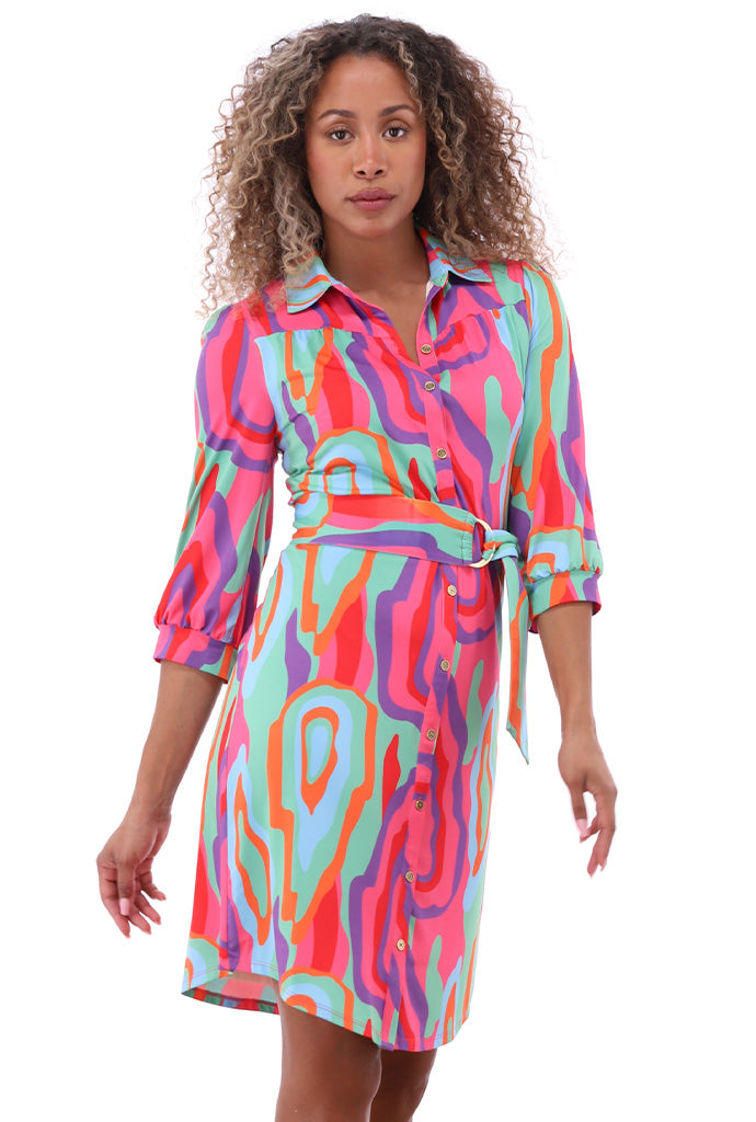 K-design - Jurk met print, knopen en stoffen riem (A303P937)
