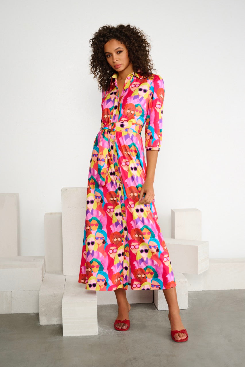 K-design - Maxi dress met print, knopen, fluo details en stoffen riem (A313P947) - What Els!