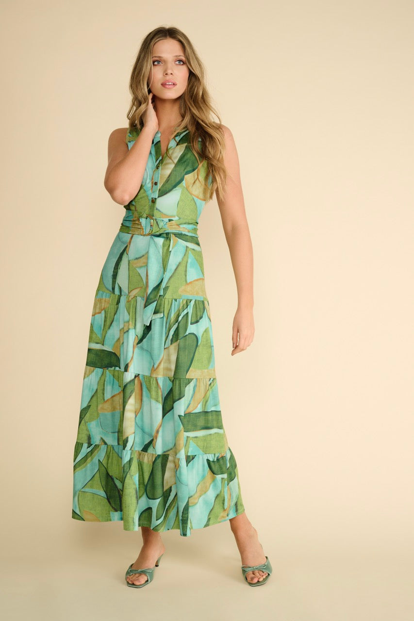 K-design - Mouwloze maxi dress met print, volants en stoffen riem (A314P951) - What Els!