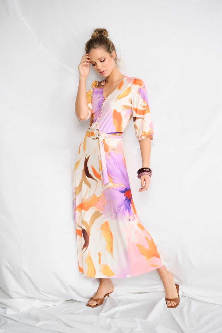K-design - Maxi dress met print en stoffen riem (A324P954) - What Els!