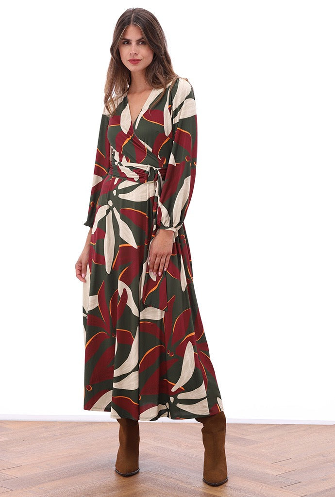 K-Design - Crossover maxi jurk met design en stoffen riem (B121)