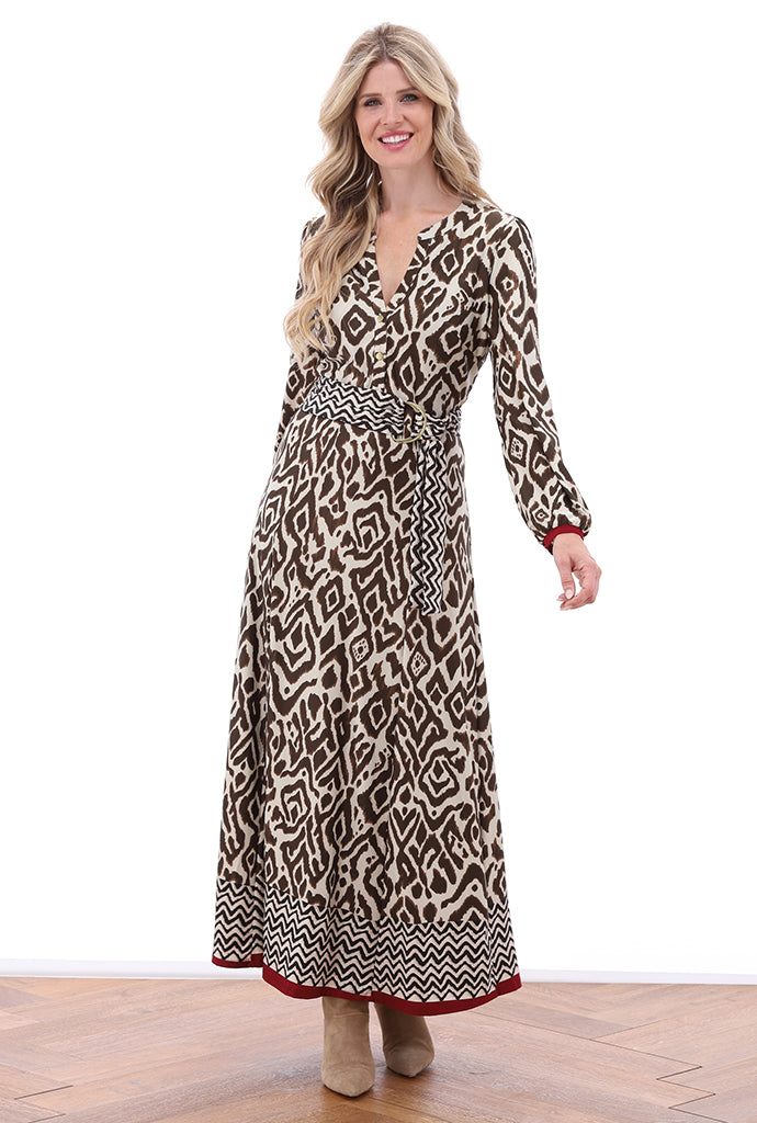 K-Design - Maxi jurk met design en stoffen riem (B343)