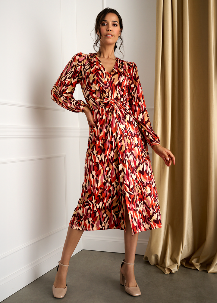 K-design - Midi dress met print, V-hals en knoop - What Els!