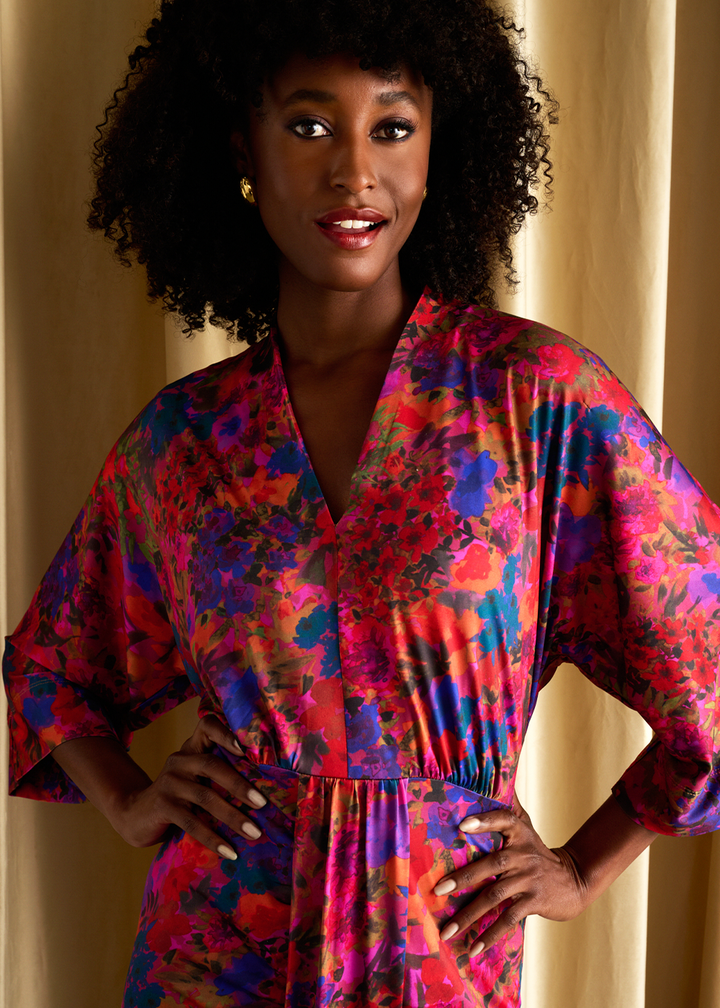K-design - Midi dress met print, V-hals en plooi - What Els!