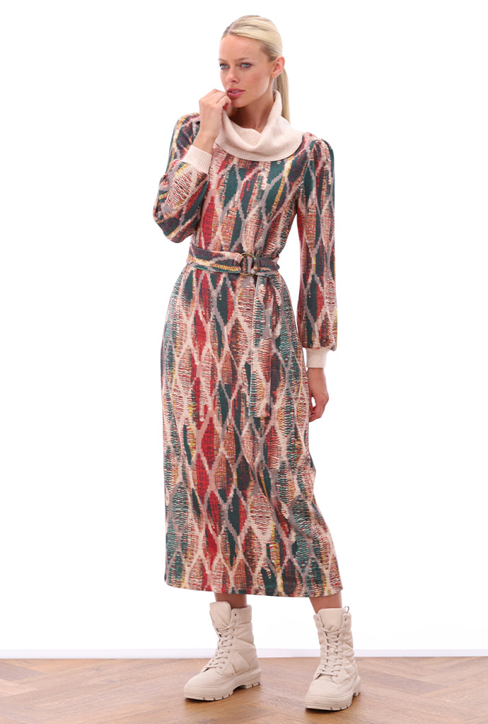 K-design - Maxi dress met print, rolkraag en stoffen riem - What Els!