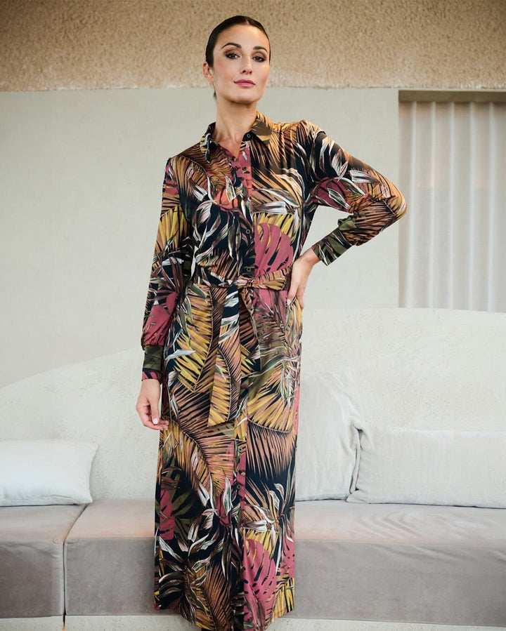 K-Design - Maxi jurk met design en stoffen riem (B212)