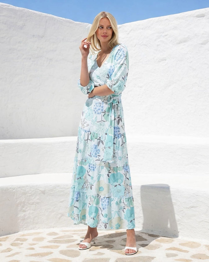 K-design - Maxi jurk met print, volants en stoffen riem (C312)