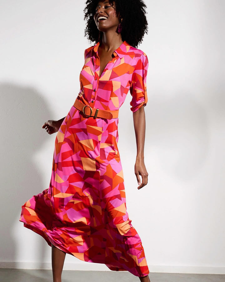 K-design - Maxi dress met print , knopen en bijpassende riem (Y369) - What Els!