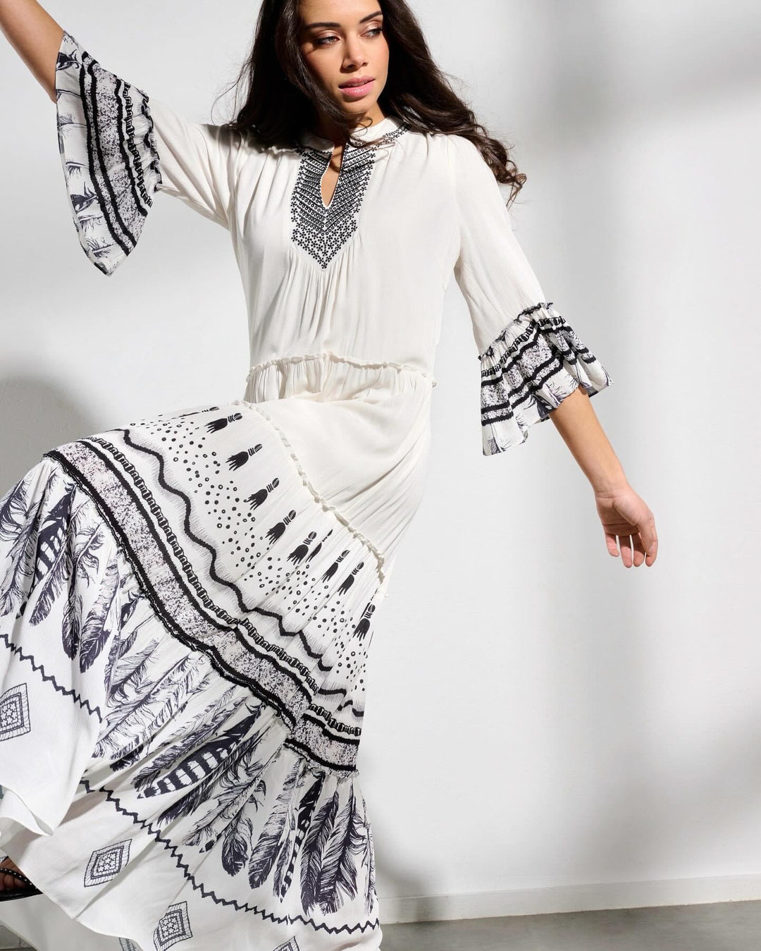 K-design - Maxi dress boho met volant en stoffen riem (Y712) - What Els!