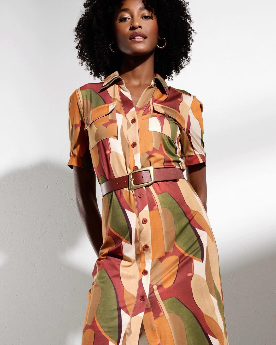 K-design - Mini dress met print, knopen, zakjes en bijpassende riem (Y334) - What Els!