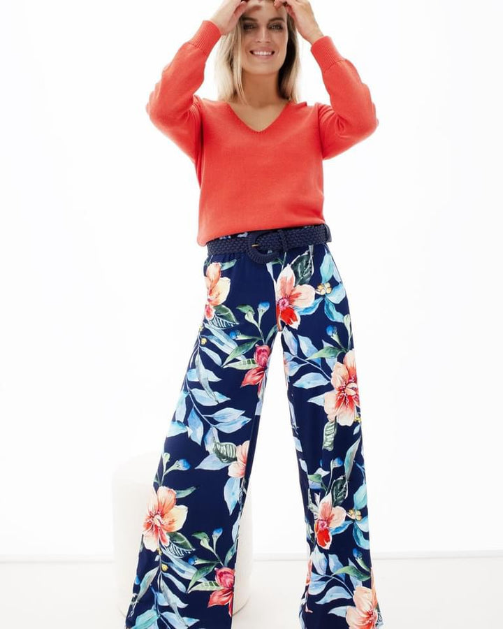 K-design - Broek met bloemenprint en gevlochten riem (Y319) - What Els!