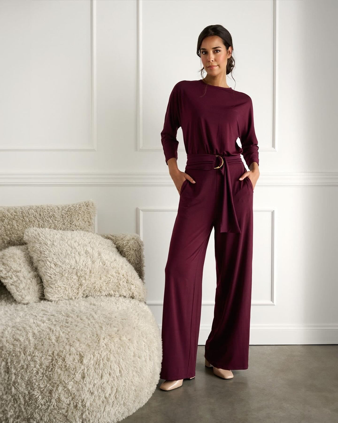 K-design - Effen jumpsuit met ronde hals en stoffen riem - What Els!