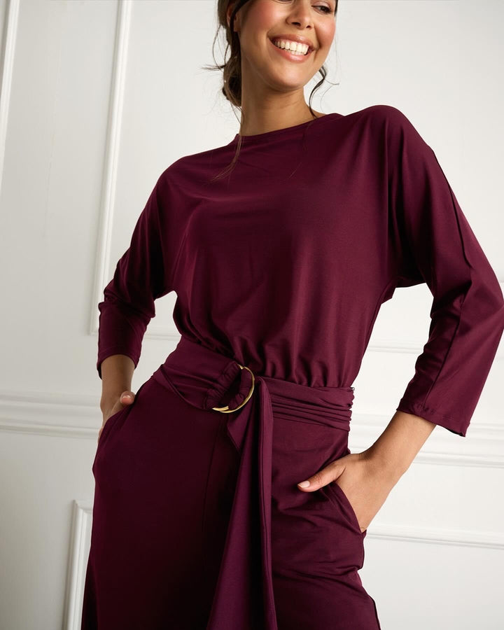 K-design - Effen jumpsuit met ronde hals en stoffen riem - What Els!