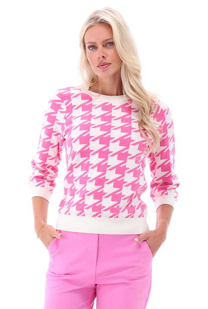K-design - Pull met ronde hals pied de poule (A811Ecru - azalea pink) - What Els!