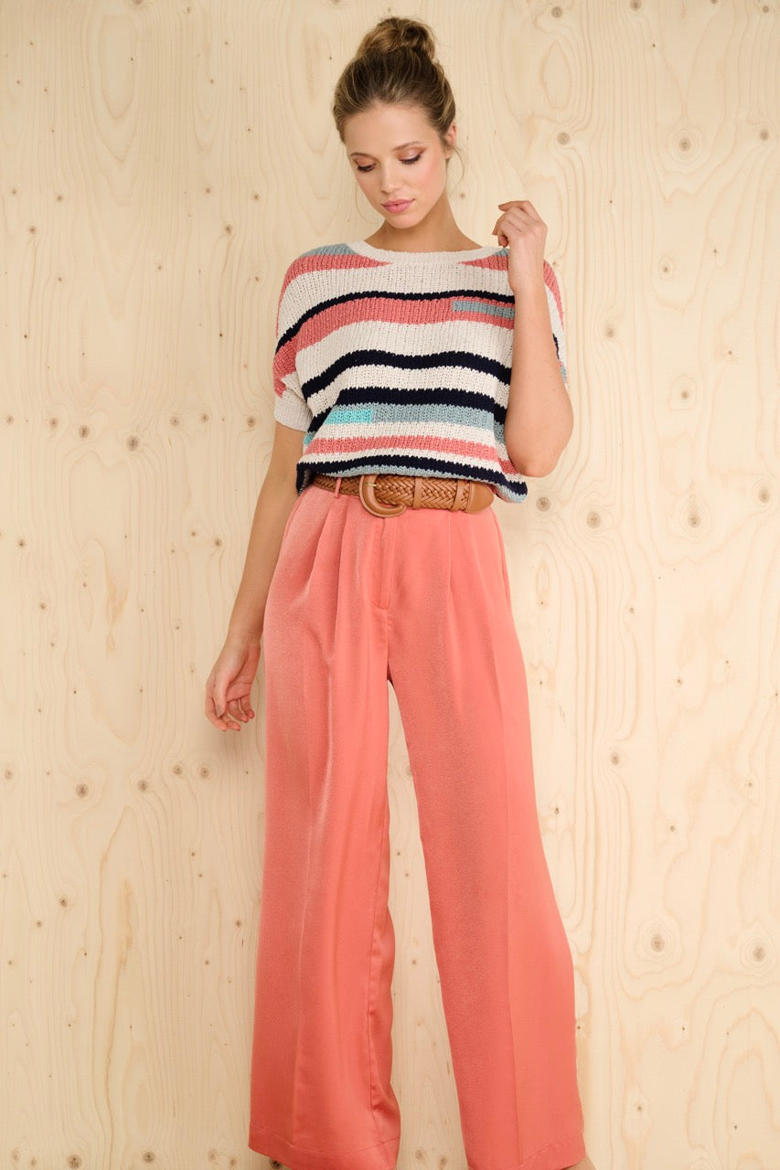 K-design - Wijde broek in satijn look met bijpassende riem (A675Apricot brandy) - What Els!