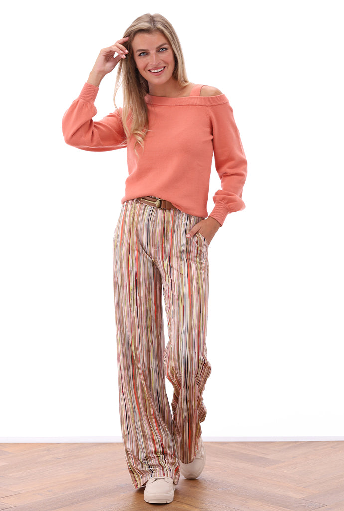 K-design - Broek met gestreepte print en bijpassende riem - What Els!