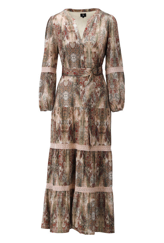 K-design - Maxi dress met print, kant en stoffen riem (X212) - What Els!