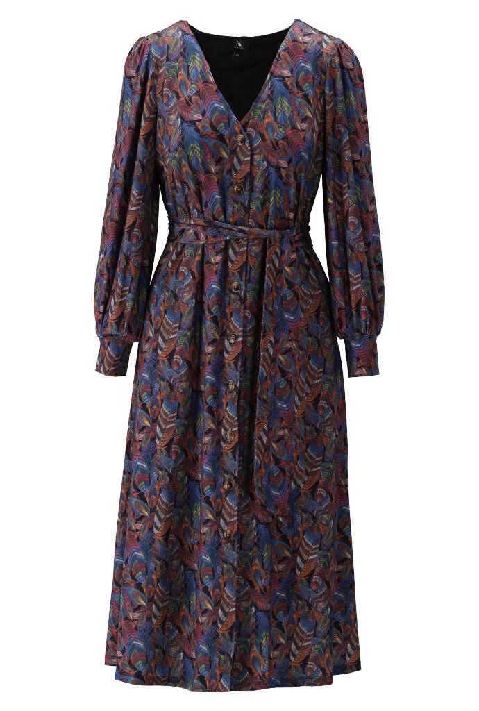 K-design - Midi dress met verenprint en stoffen riem (X318) - What Els!