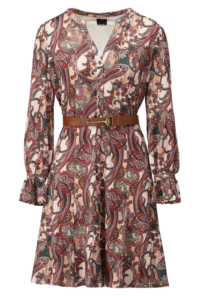 K-design - Mini dress met print, knopen en bijpassende riem - What Els!