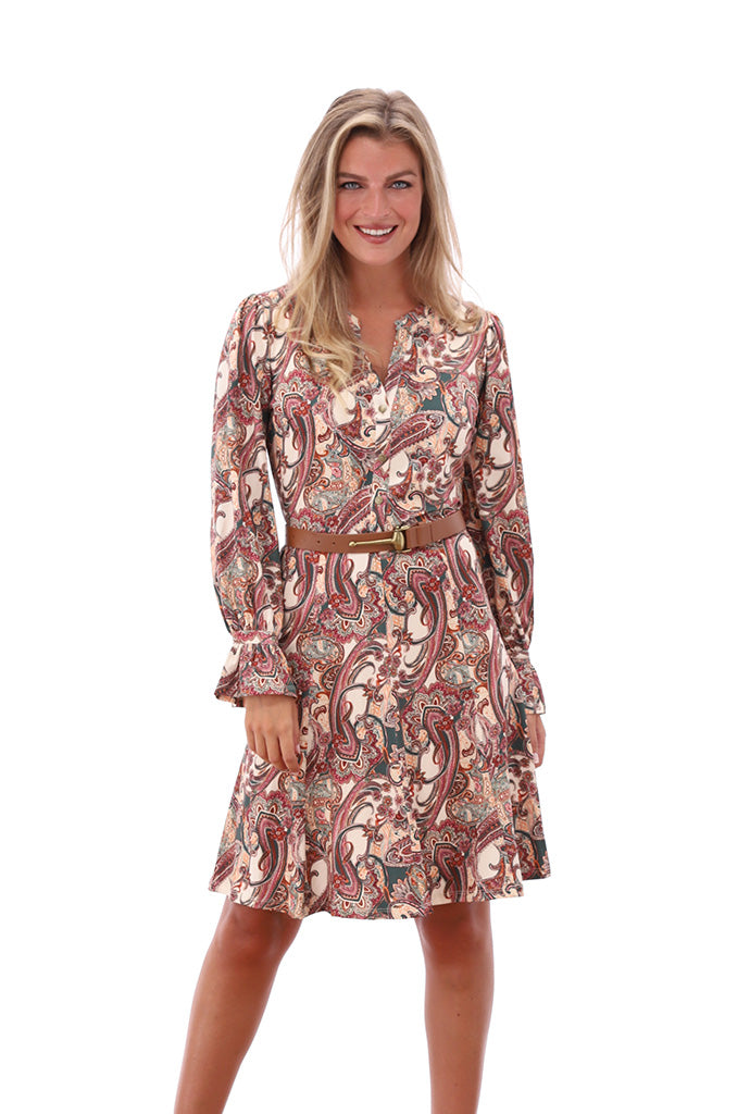 K-design - Mini dress met print, knopen en bijpassende riem - What Els!