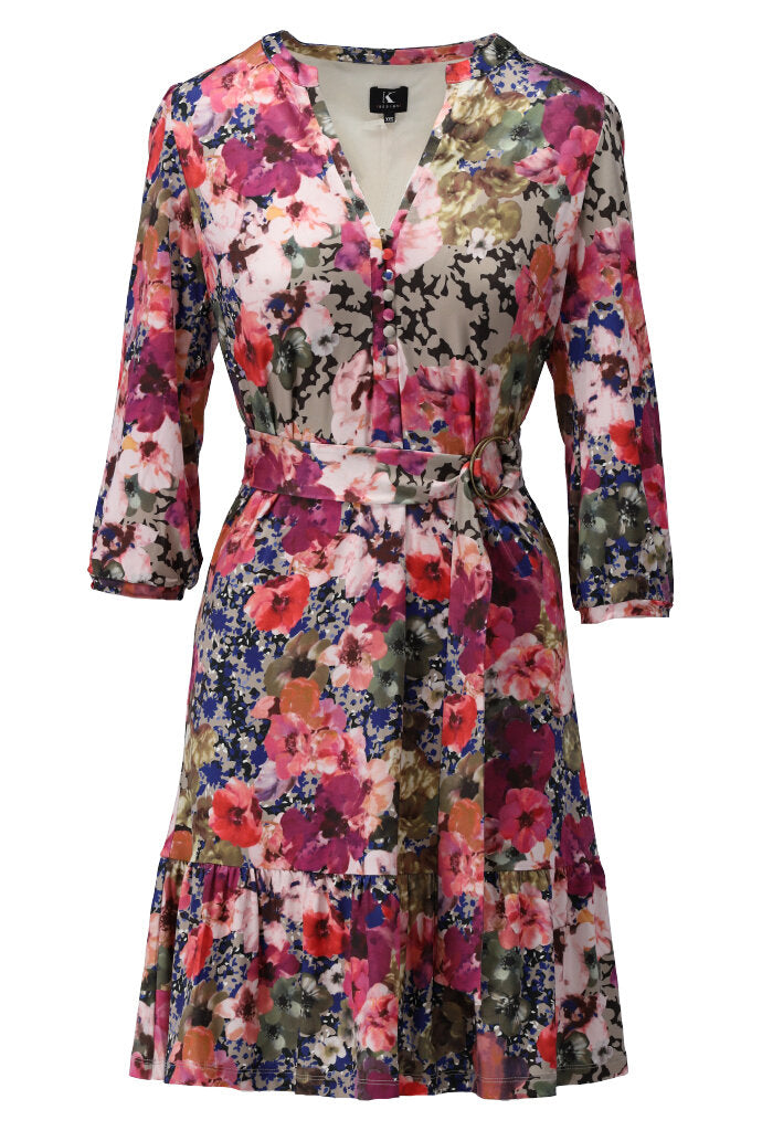 K-design - Mini dress met print, volant en stoffen riem - What Els!