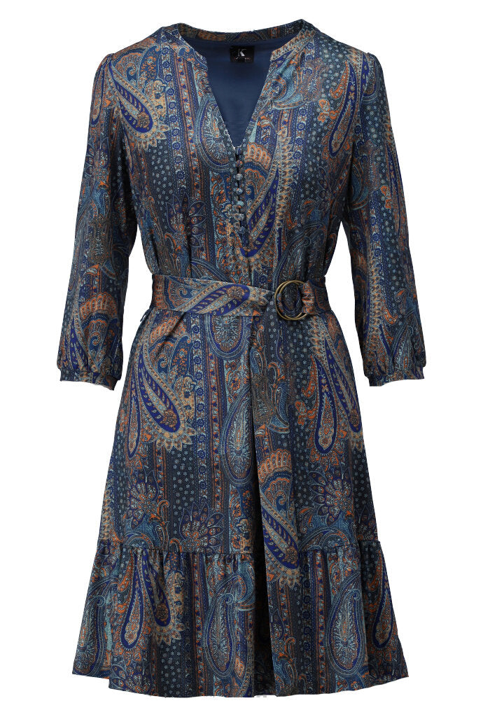 K-design - Mini dress met print, volant en stoffen riem - What Els!
