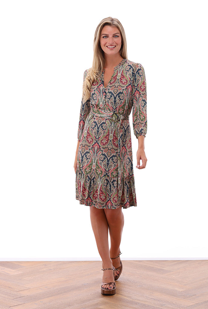 K-design - Mini dress met print, volant en stoffen riem - What Els!