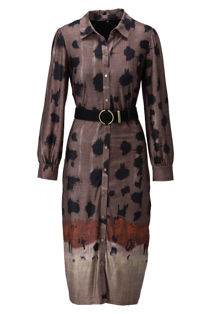 K-design - Midi dress met print, knopen en bijpassende riem - What Els!