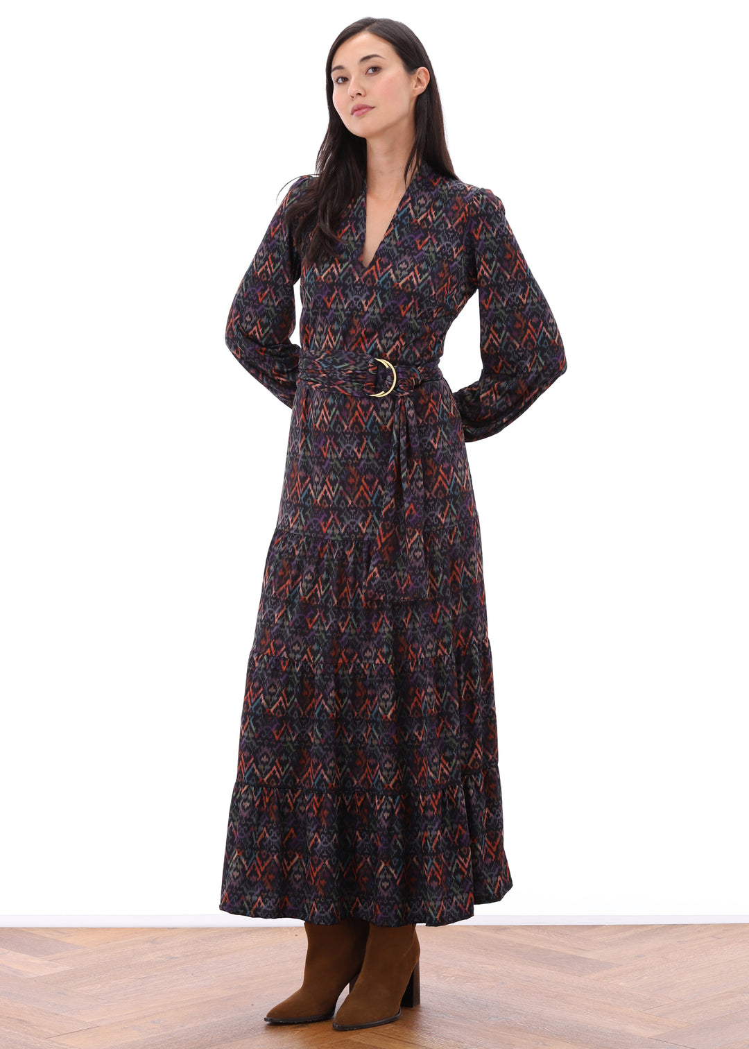 K-design - Maxi dress met print, volants en stoffen riem - What Els!