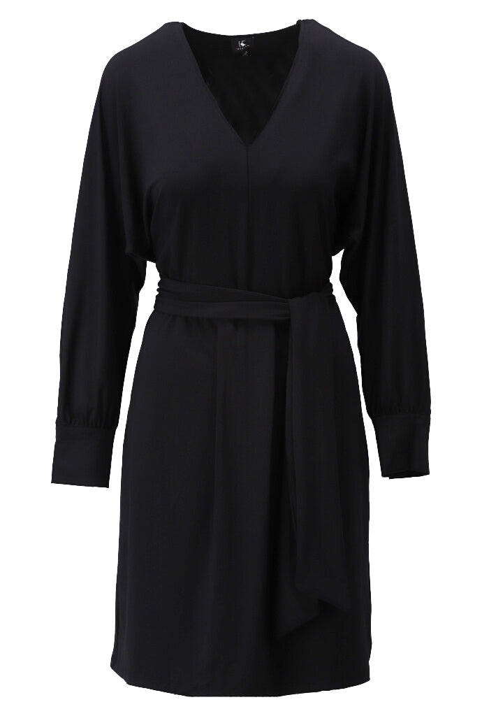 K-design - Effen midi dress met V-hals, plooi en stoffen riem - What Els!