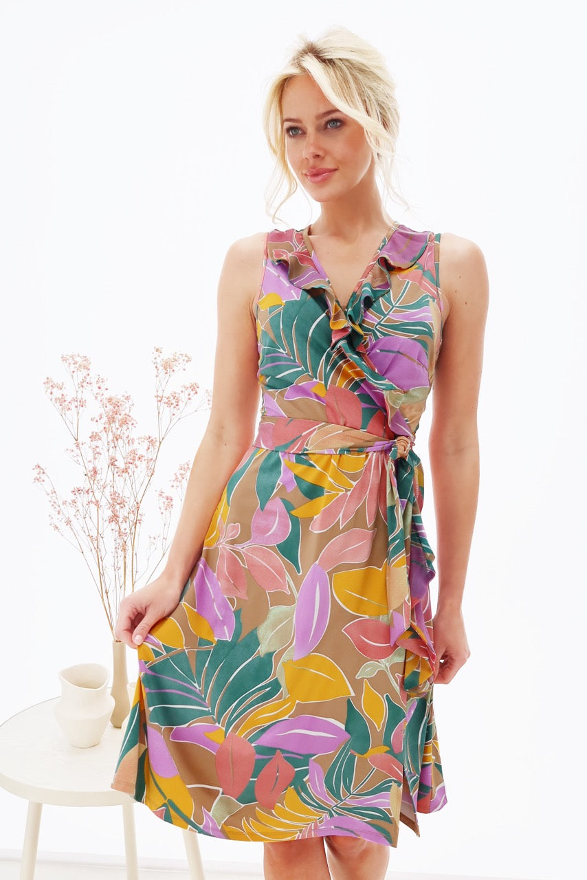 K-design - Crossover mini dress met print, franjes en stoffen riem (Y374) - What Els!