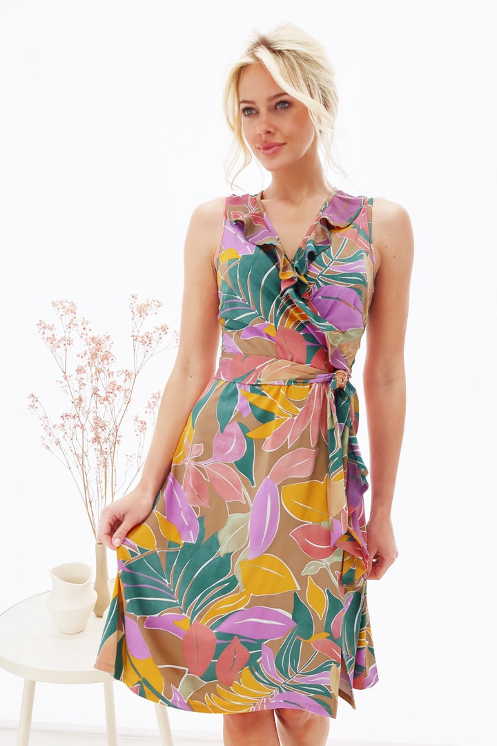 K-design - Crossover mini dress met print, franjes en stoffen riem (Y374) - What Els!