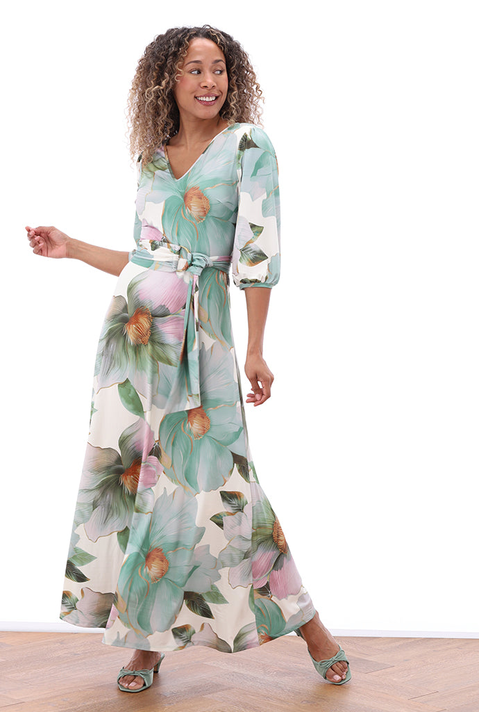 K-design - Maxi jurk met print en stoffen riem (C111)