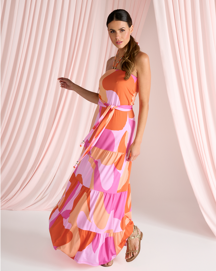 K-design - Bandeau jurk met print, volants en stoffen riem (C311)