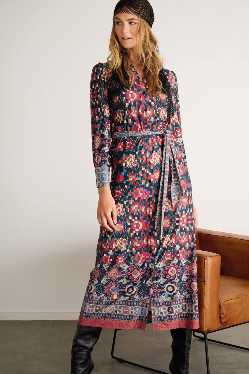 K-design - Maxi dress met mozaïek print en stoffen riem (X391) - What Els!
