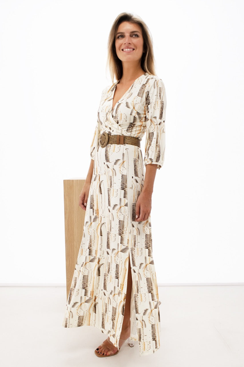 K-design - Maxi crossover dress met print, split en bijpassende riem (Y147) - What Els!