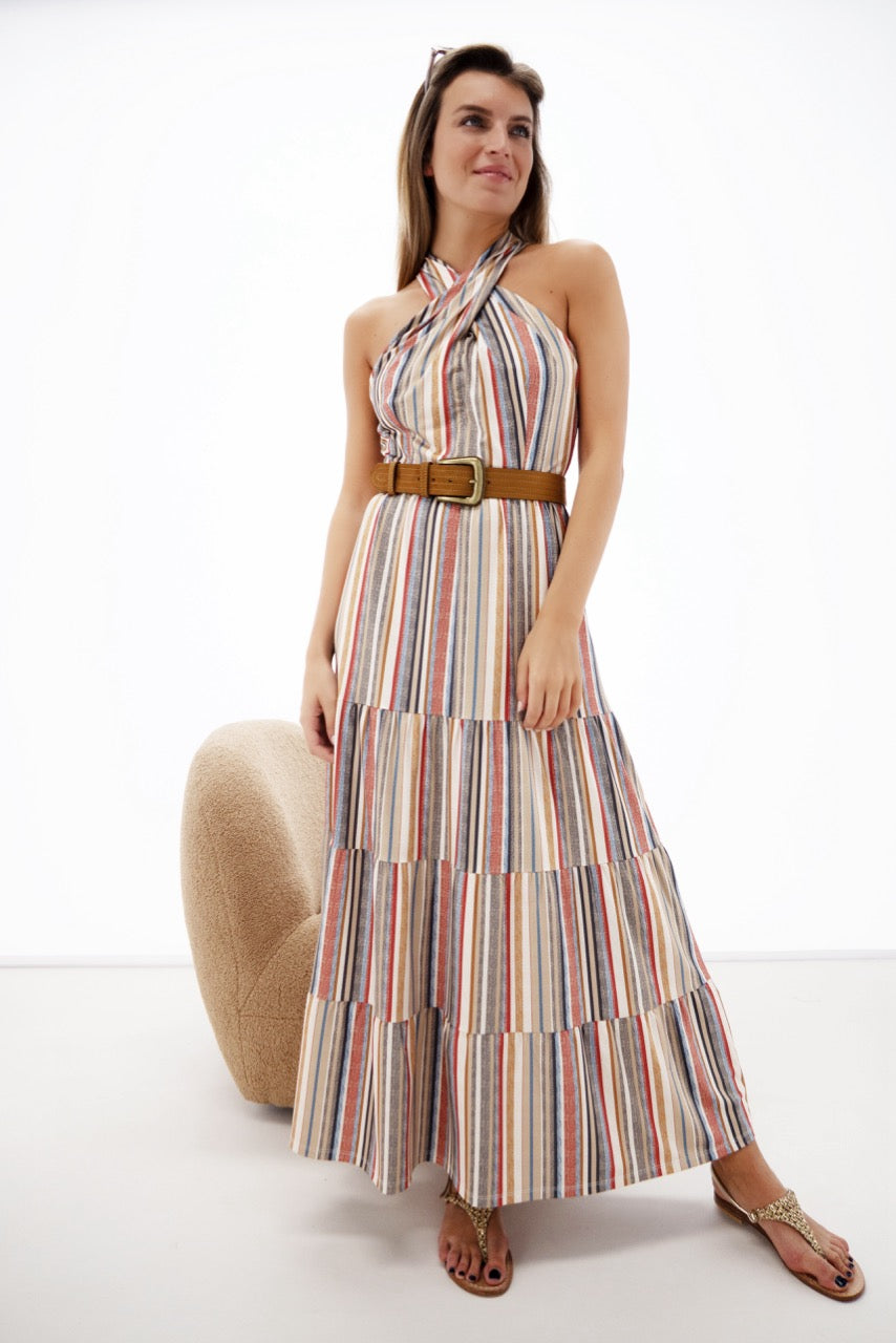 K-design - Gestreepte maxi dress met gekruiste hals en bijpassende riem (Y207) - What Els!