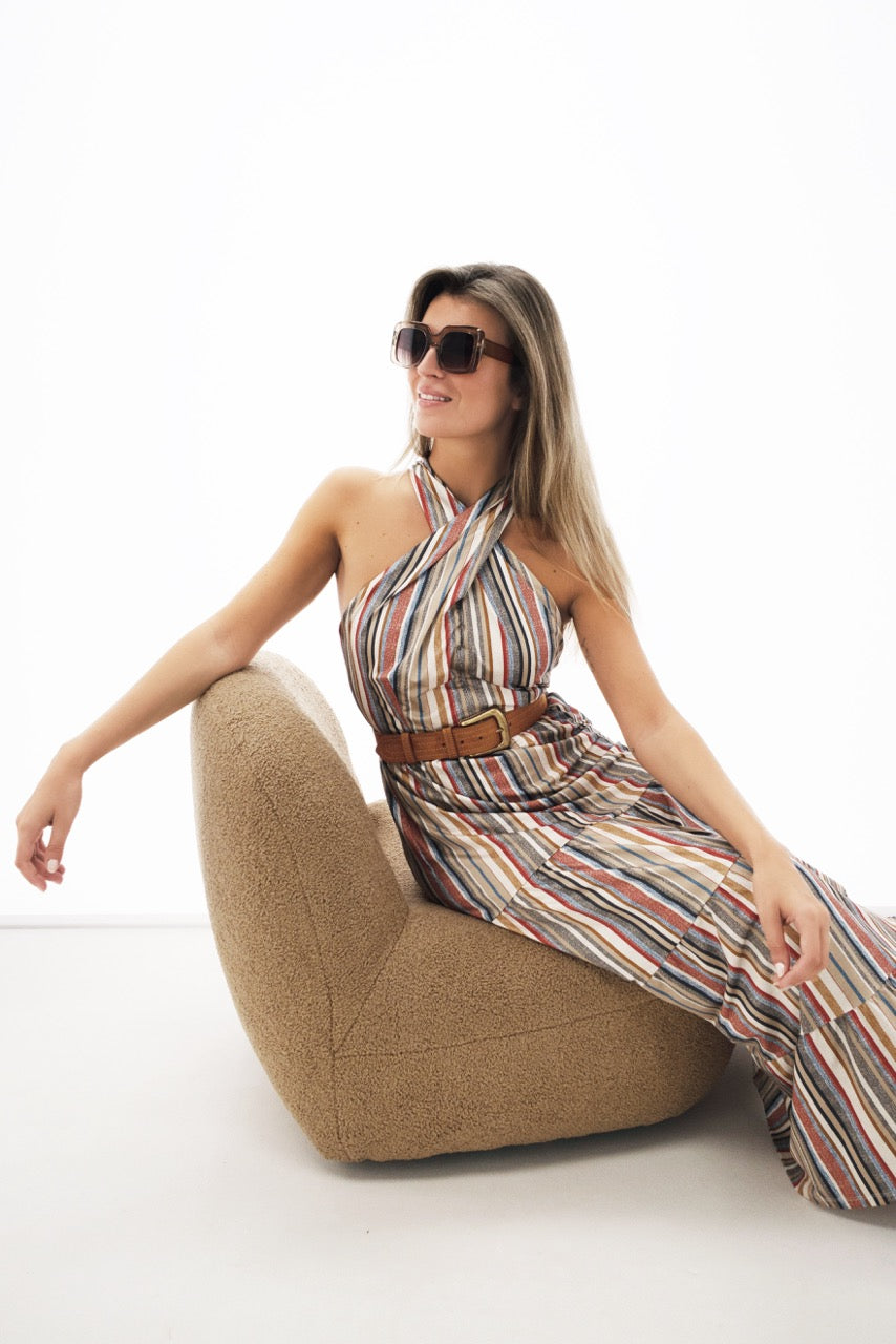 K-design - Gestreepte maxi dress met gekruiste hals en bijpassende riem (Y207) - What Els!