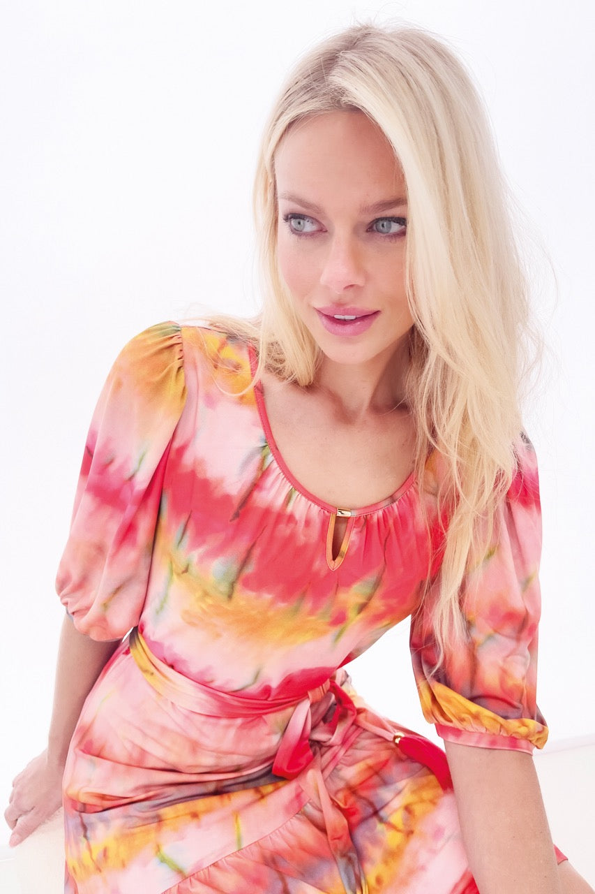 K-design - Mini dress met ronde hals, tie-dye print en stoffen riem (Y215) - What Els!