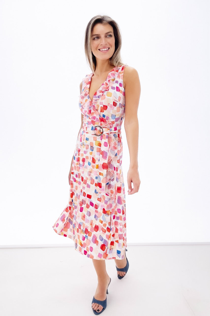 K-design - Midi dress met print, franjes en stoffen riem (Y224) - What Els!