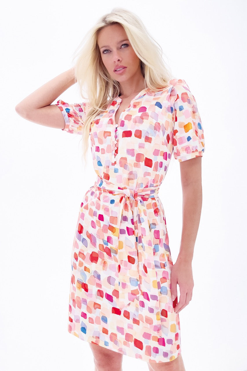 K-design - Mini dress met print, schouderfranjes, knopen en stoffen riem (Y225) - What Els!