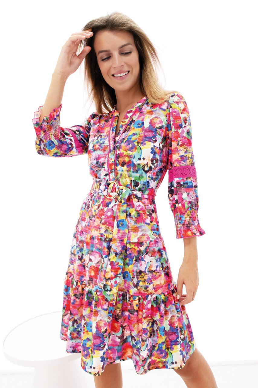 K-design - Mini dress met fluoprint, kant, volant en stoffen riem (Y233) - What Els!