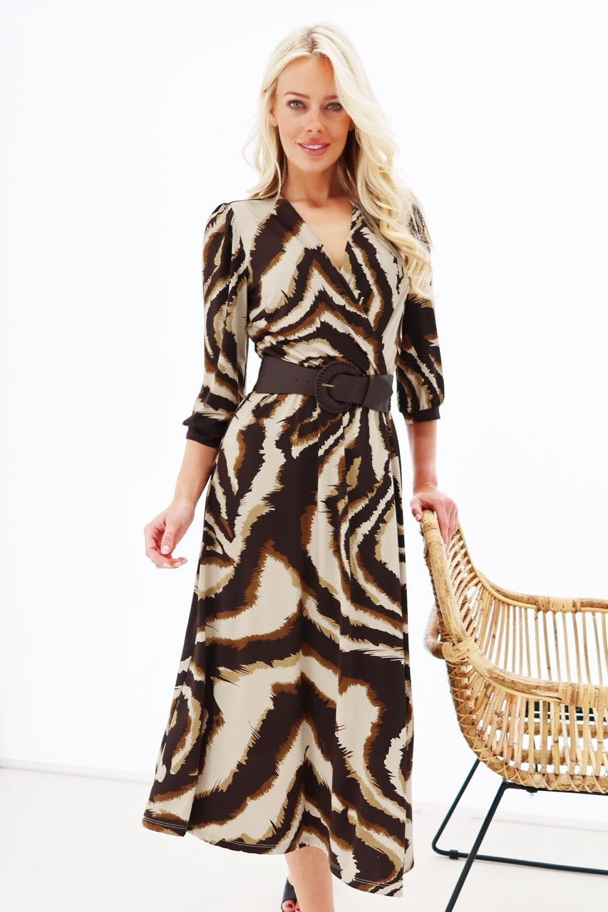 K-design - Crossover midi dress met print, plooi en bijpassende riem (Y345) - What Els!