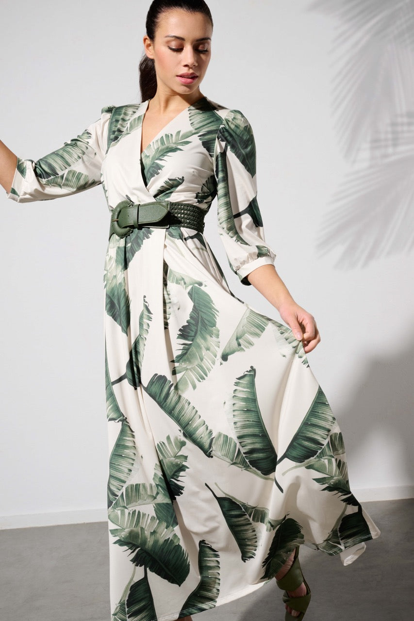 K-design - Crossover maxi dress met print, plooi en bijpassende riem (Y349) - What Els!