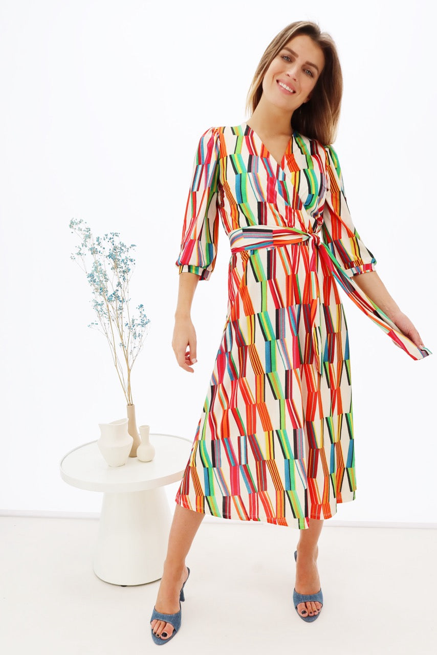 K-design -  Midi dress crossover met print en stoffen riem (Y353) - What Els!