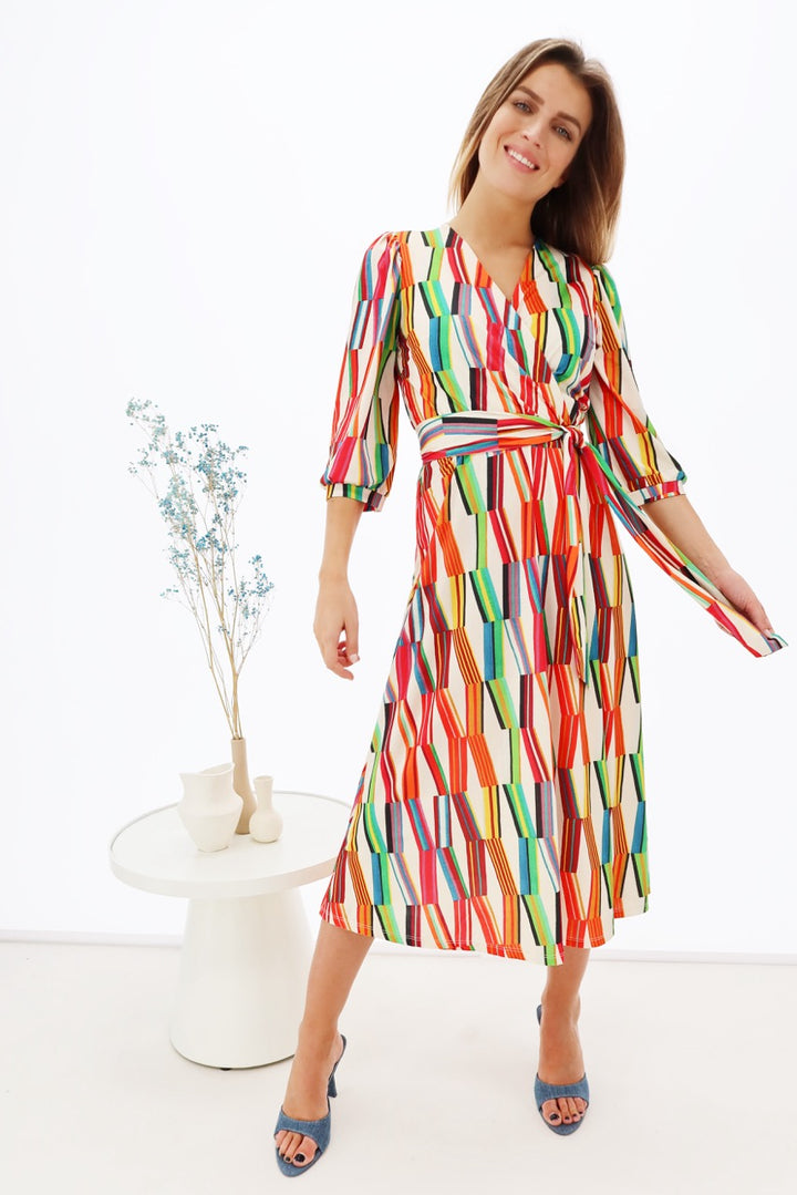 K-design -  Midi dress crossover met print en stoffen riem (Y353) - What Els!